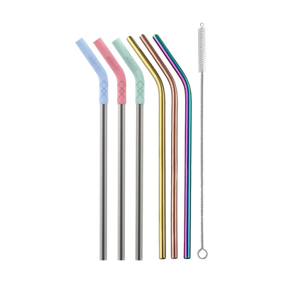 Stainless/Silicone Reusable Straws - Set of 6 (Mixed)